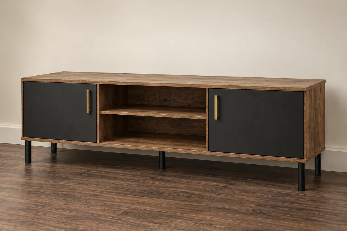TV Stand / Media Console — AI design visual; illustrative finish and construction